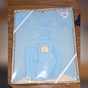 Heidi Light Blue Knit Baby Set Cardigan, Socks And Bonnet